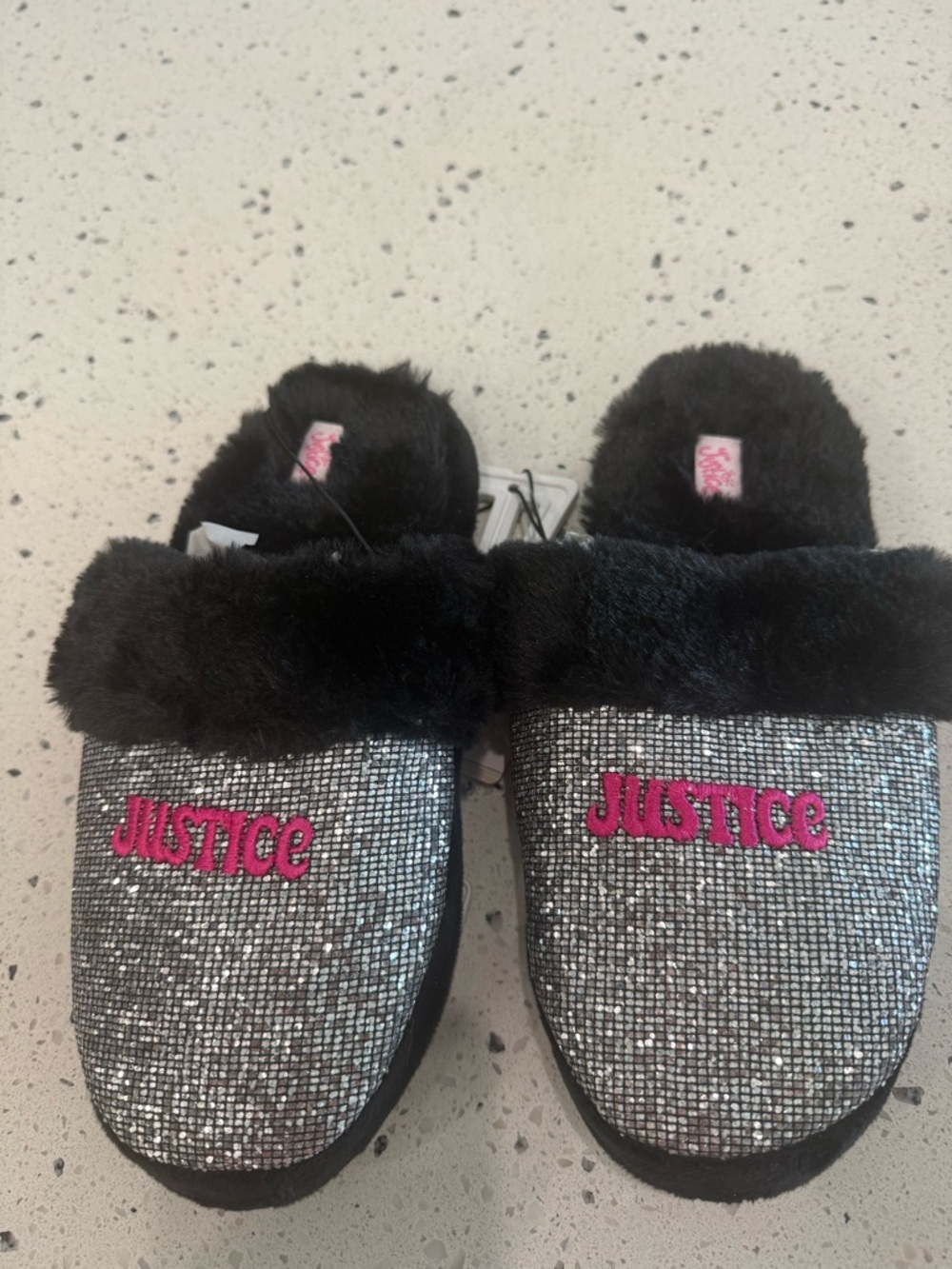 New girls Justice Sz 4-5 Silver Glitter Slip-On Slippers with Pink Logo